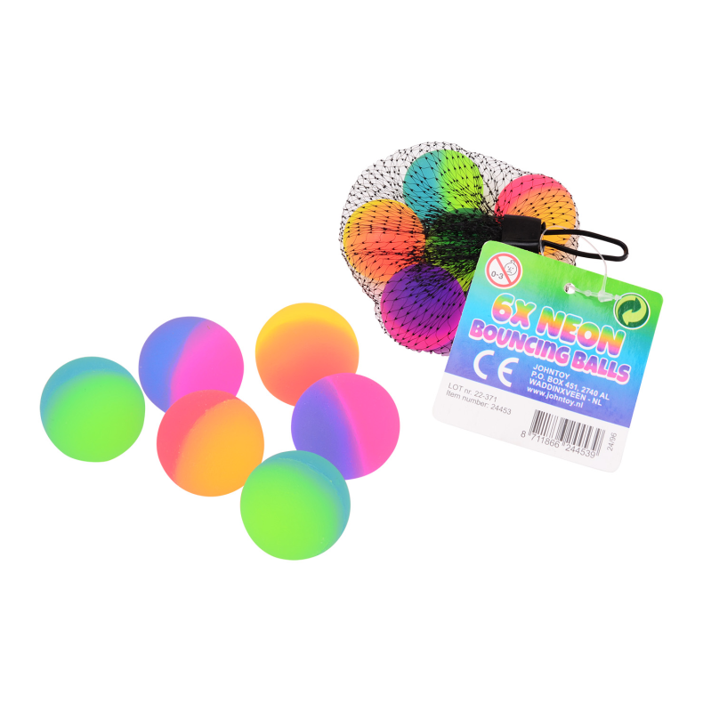 Two tone neon bouncingballs 6 pcs in net, 3 assorted (ctn 24 pcs)