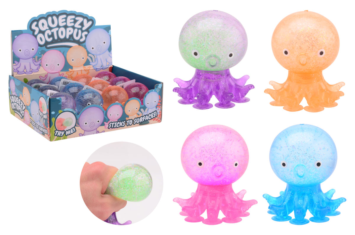 Squid stress toy with suction tentacles, 4 assorted (ctn 12 pcs ...