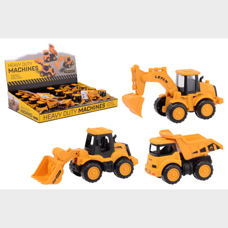 Construction vehicles in display, 3 assorted