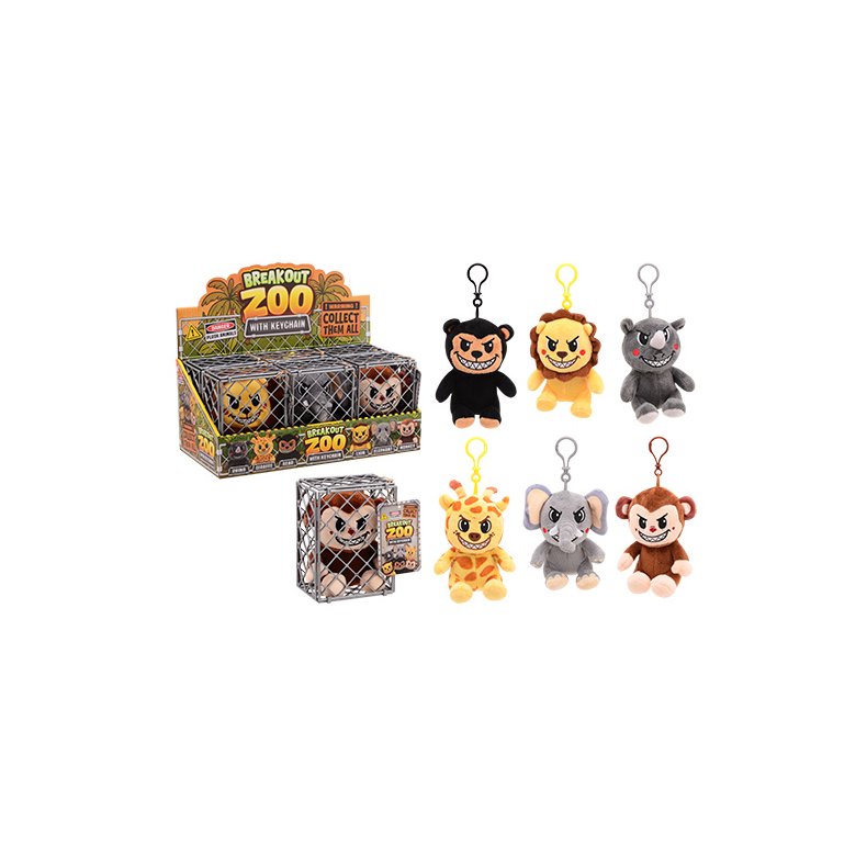 BREAK OUT ZOO Plush animals in cage, 6 assorted, 6 pcs in display