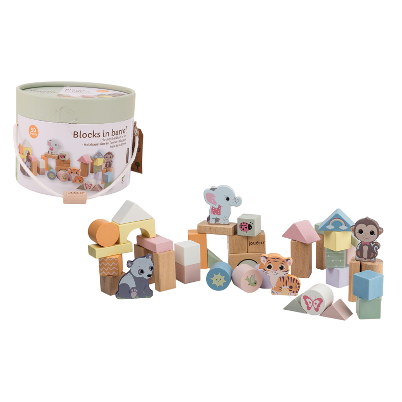 Jouco - The Wildies Family Wooden Blocks In Barrel 50 pcs, (ctn 6 pcs)